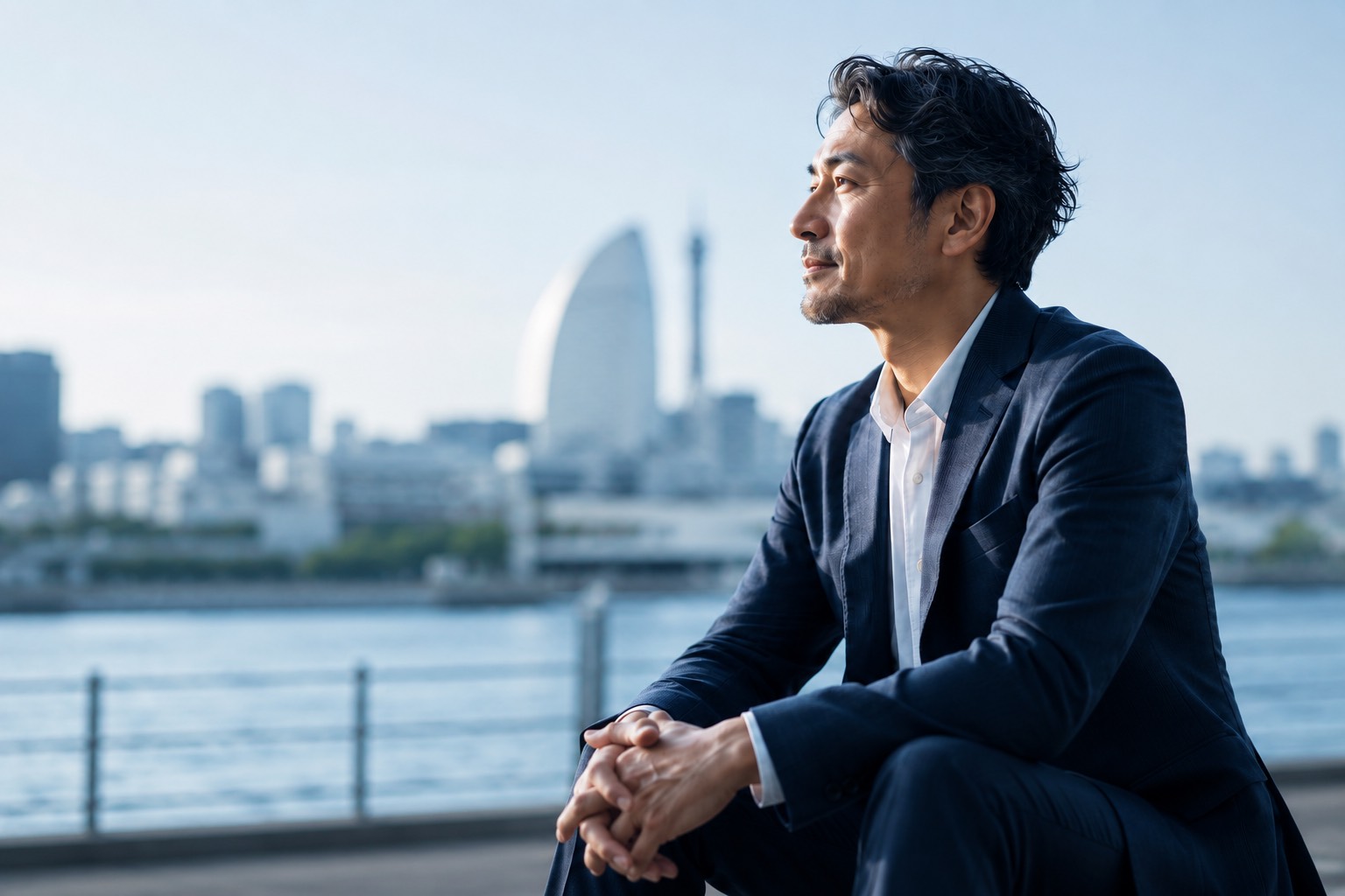 横浜みなとみらいの水辺に佇む男性